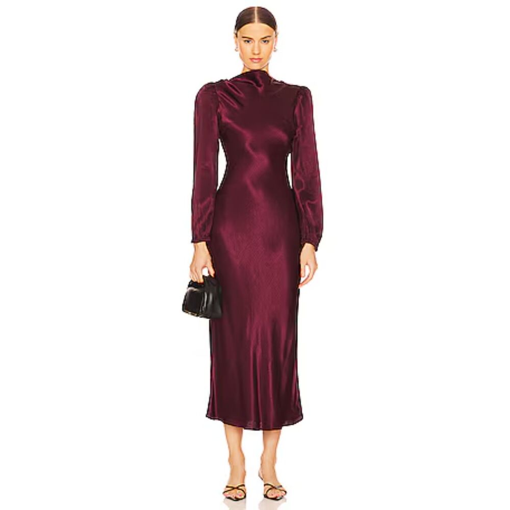 ASTR Wine Samara Satin Long-Sleeve Open Back Dress Wedding Cocktail Party M